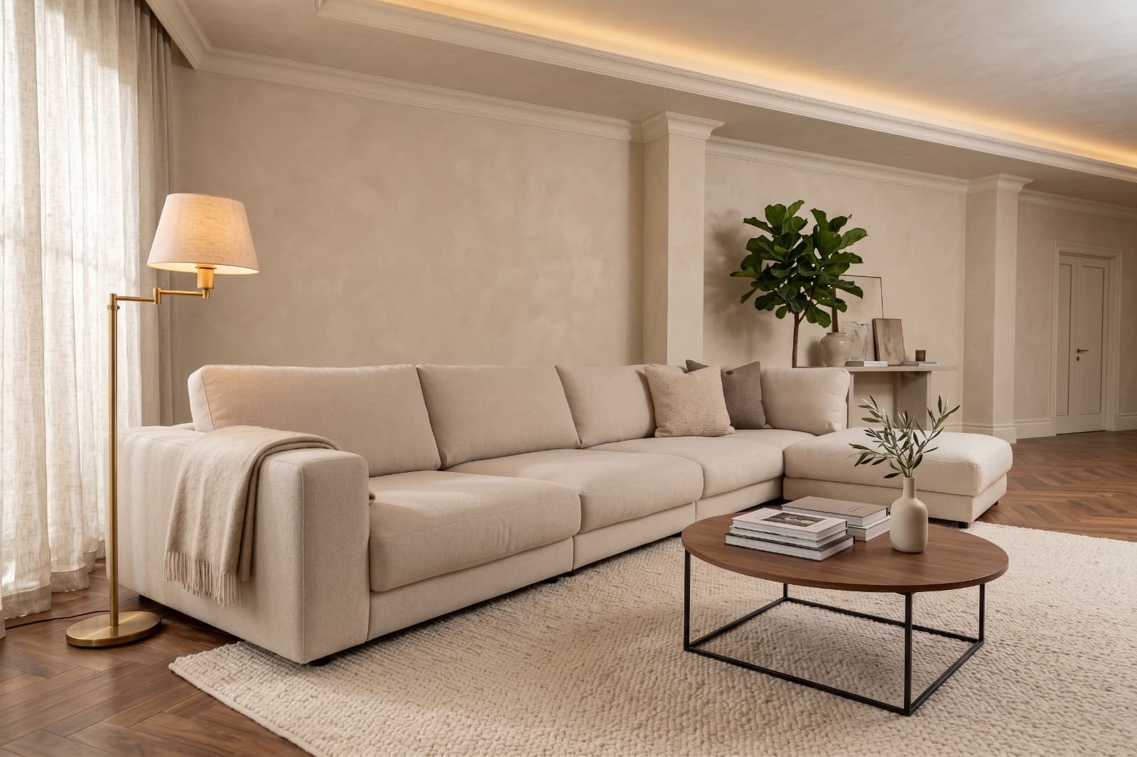 Corner sofa with goose down cushions, detachable modules and ottoman Canapea Bella cu franjuri