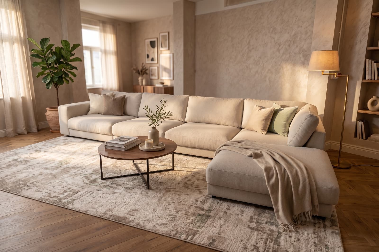 Corner sofa with goose down cushions, detachable modules and ottoman Canapea Bella cu franjuri