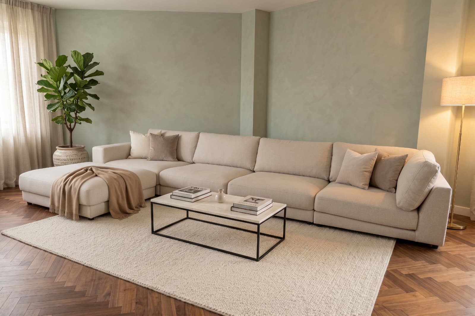 Corner sofa with goose down cushions, detachable modules and ottoman Canapea Bella cu franjuri